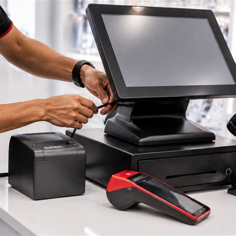 Technician installing and testing POS terminal hardware in Ipoh