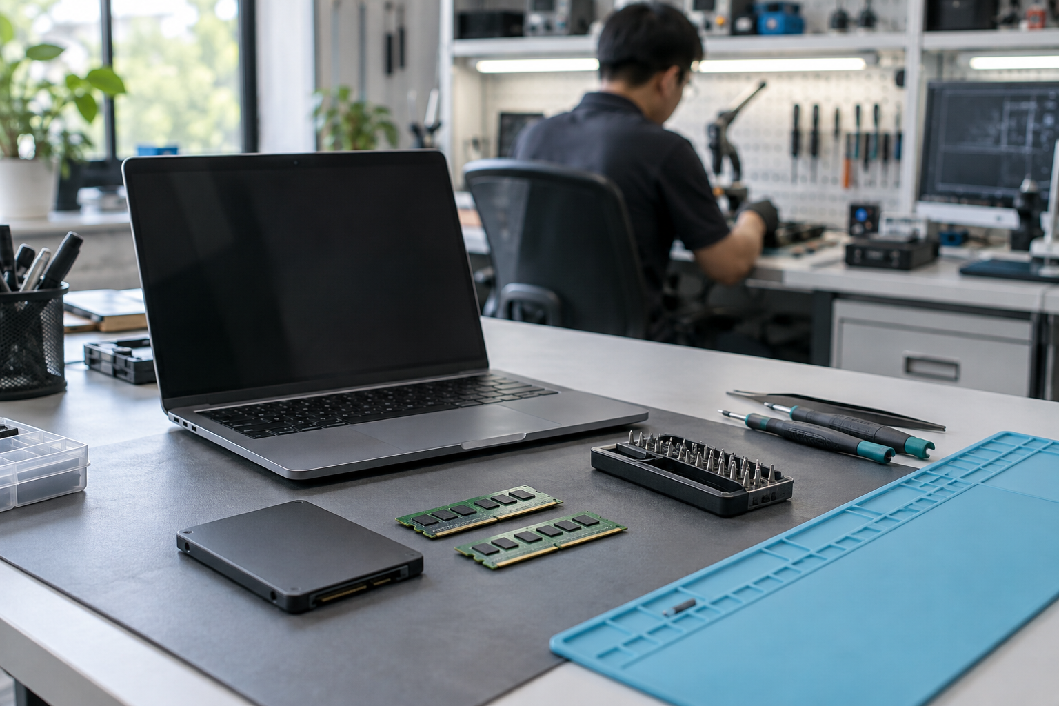Laptop and computer repair tools on a professional workbench